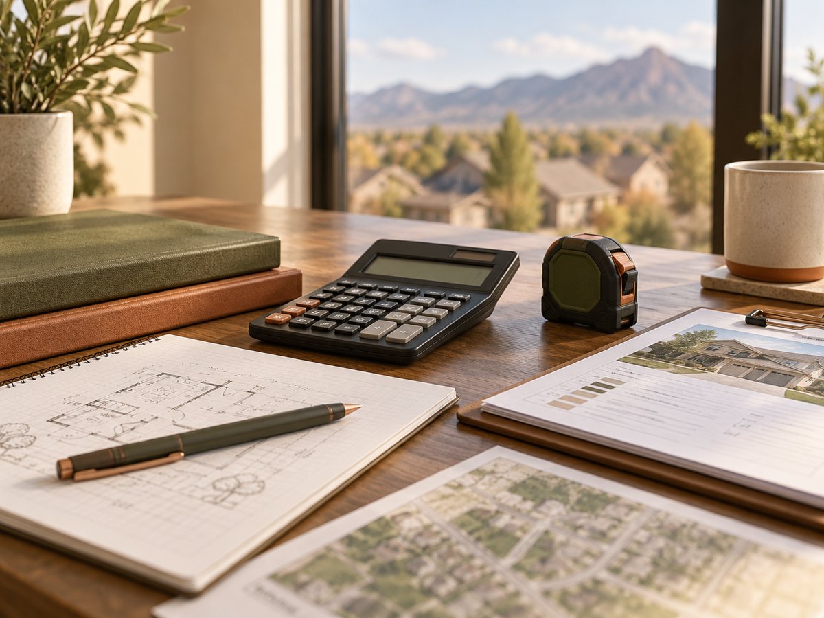 Residential appraisal workspace with floor plan, calculator, measuring tape and property research